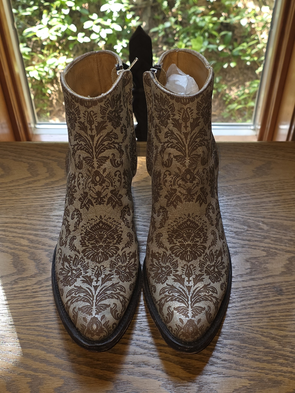 Damask Embossed Brown Ankle Fine Leather Booties Sz 9, Made In Mexico